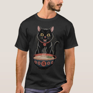 T-shirt Dessin japonais de ramen avec un chat noir mignon