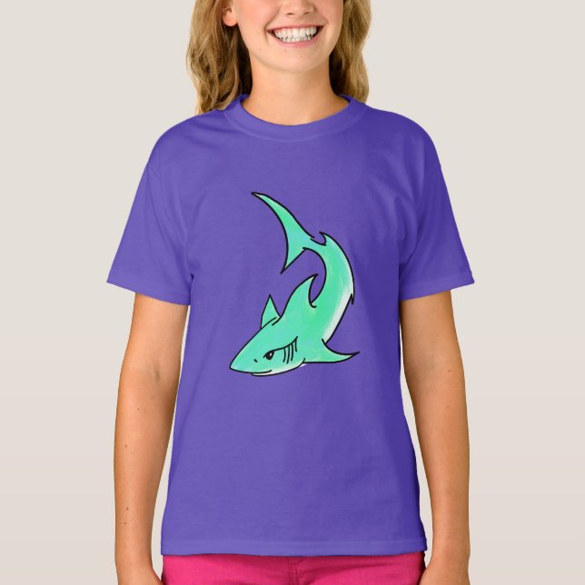 T-shirt dessin souriant requin menthe bleu vert océan anim (Devant)