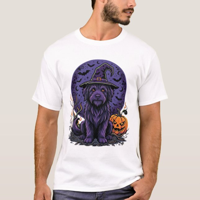 T-shirt Dessin vectoriel de chien de sorcière de citrouill (Devant)