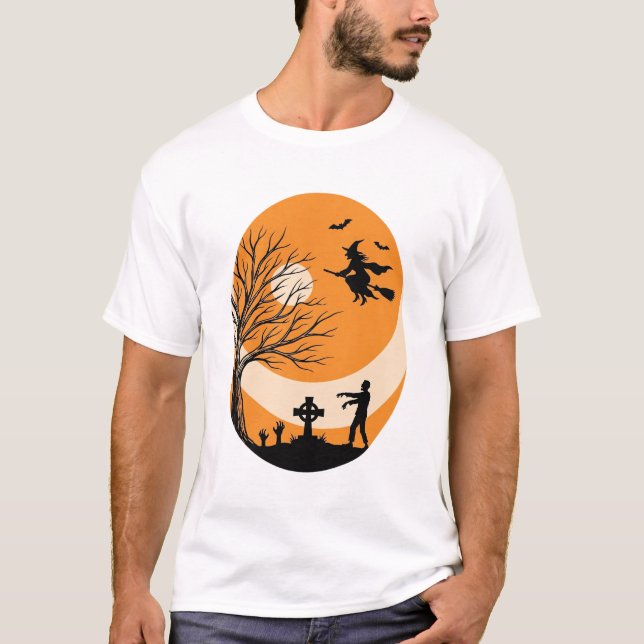 T-shirt Dessin vectoriel de cimetière de lune de sorcière  (Devant)