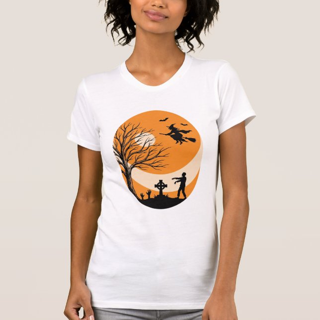 T-shirt Dessin vectoriel de cimetière de sorcière de Hallo (Devant)