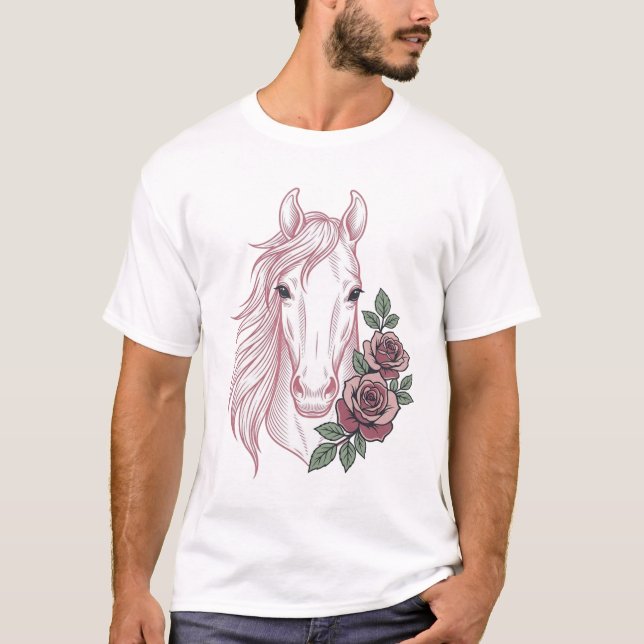 T-shirt Dessin vectoriel de gravure de rose de cheval vint (Devant)
