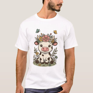 T-shirt Dessin vectoriel de gravure vintage de veau floral