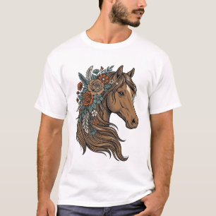 T-shirt Dessin vectoriel de tête de cheval floral vintage_