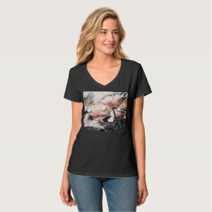 T-shirt Dessin vintage Roses roses et papillon gris et ros