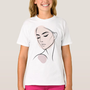 T-shirt Dessin Visage Femme D'Une Ligne No3 (Avec Couleur)
