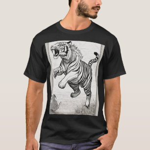 T-shirt Dessins en ligne noire et blanche : Tiger Jumping