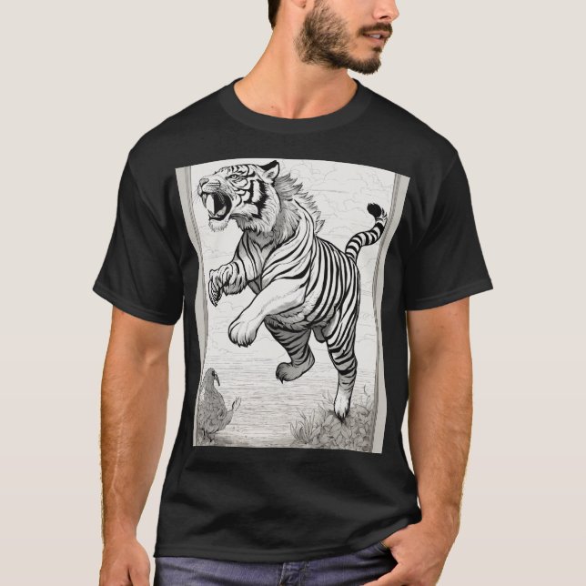 T-shirt Dessins en ligne noire et blanche : Tiger Jumping  (Devant)