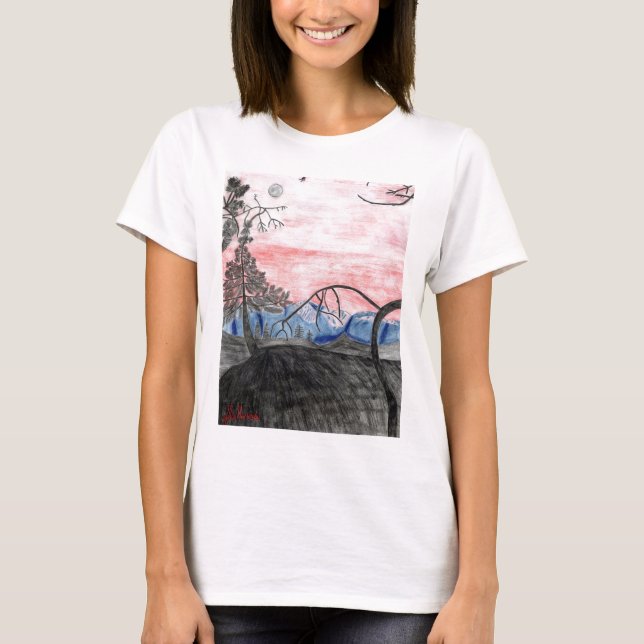 T-shirt Dessus de coucher du soleil de forêt par Julia (Devant)