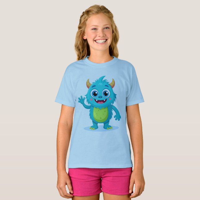 T-shirt d'été pour filles - Monstre Bleu Joyeux -  (Devant entier)