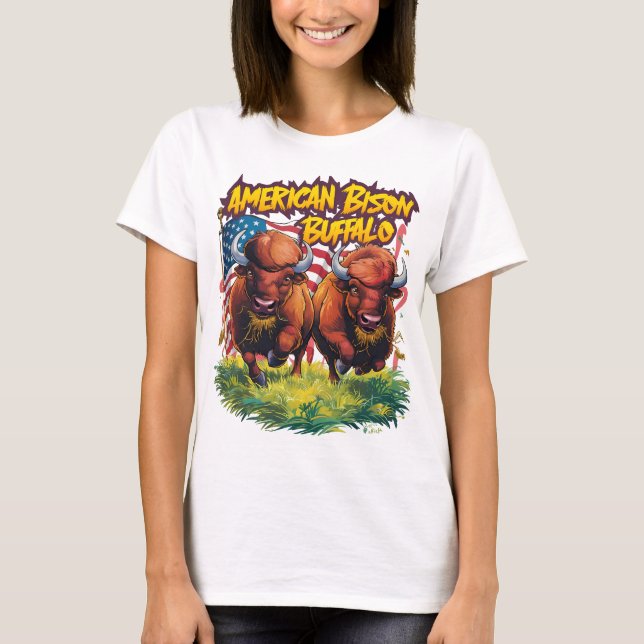 T-shirt Deux bisons debout avant le drapeau américain (Devant)