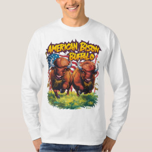 T-shirt Deux bisons debout avant le drapeau américain