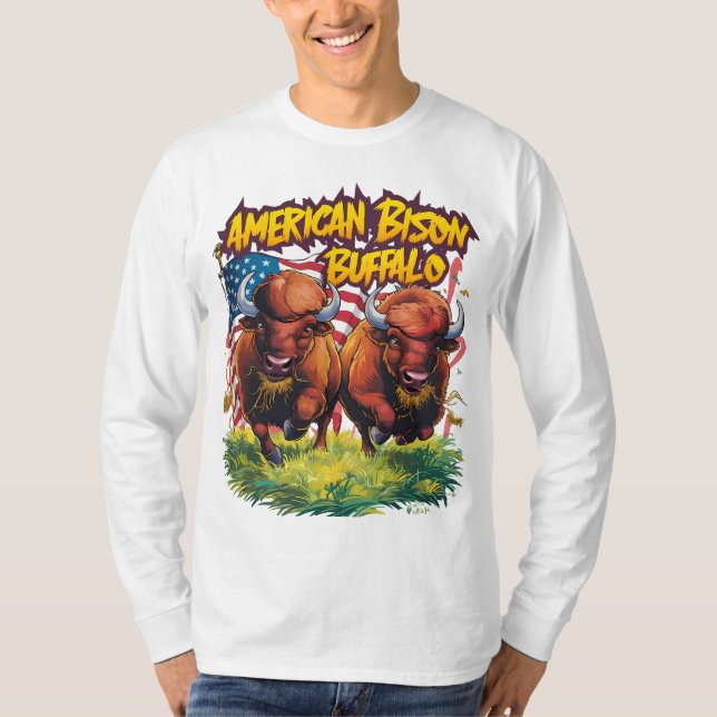T-shirt Deux bisons debout avant le drapeau américain (Devant)