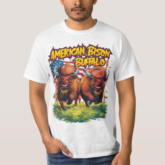 T-shirt Deux bisons debout avant le drapeau américain (Devant)