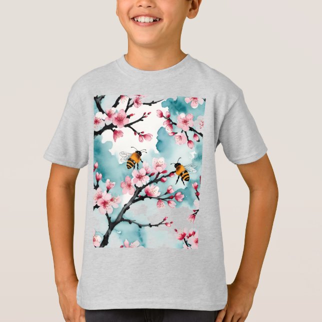 T-shirt Deux Branches Fréquentées D'Abeilles Et De Fleurs  (Devant)