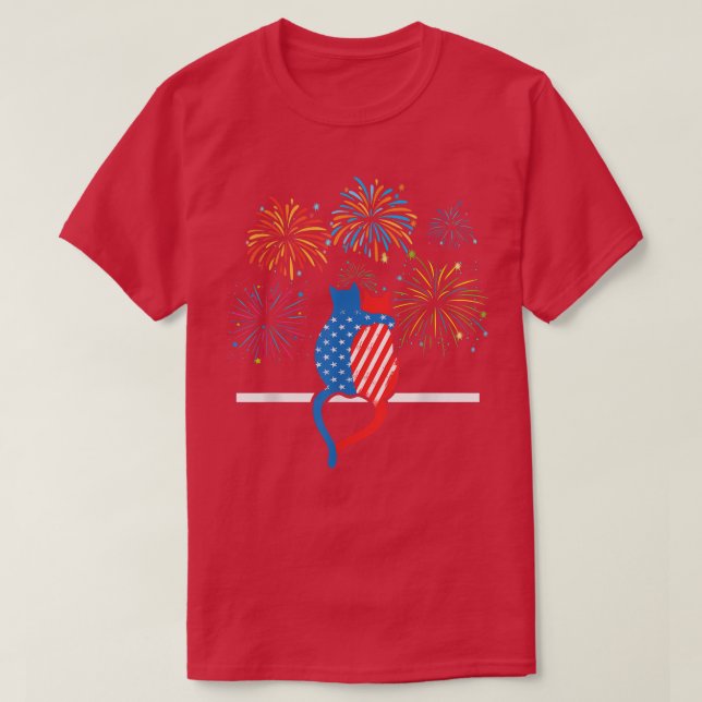 T-shirt Deux chats regardant Firework Drapeau américain Pa (Design devant)