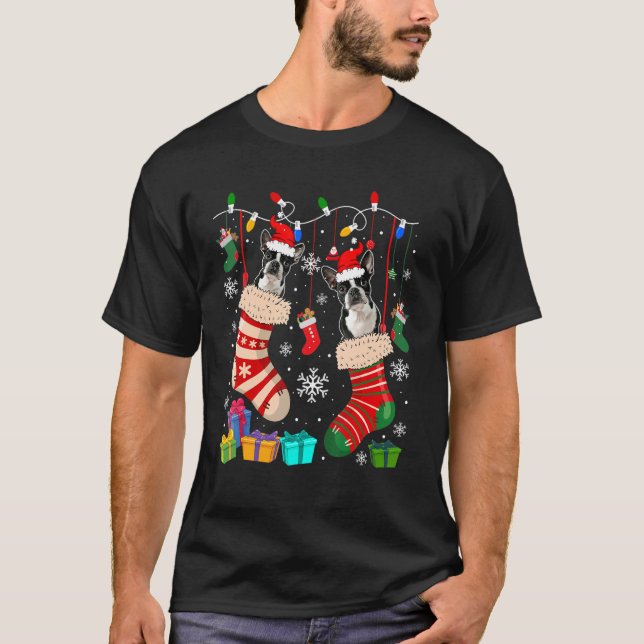T-shirt Deux Chiens De Père Noël Boston Terrier Dans Des C (Devant)