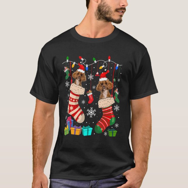T-shirt Deux Chiens De Poodle Père Noël Dans Chaussettes D (Devant)