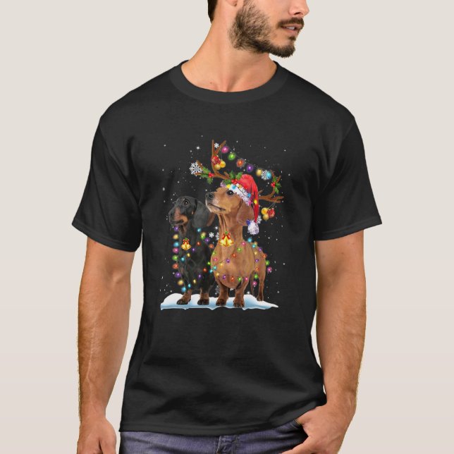 T-shirt Deux Dachshund Reindeer Feux de Noël Chien Xmas S (Devant)