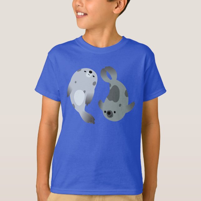T-shirt Deux Jolies Harpe de Cartoon Jouer Phoque Enfants  (Devant)