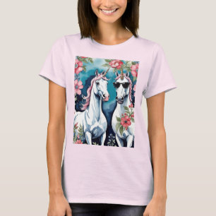 T-shirt Deux licornes drôles avec des fleurs roses