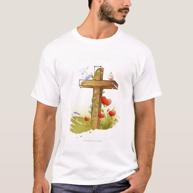 T-shirt Deux oiseaux étant perché sur une croix (Devant)