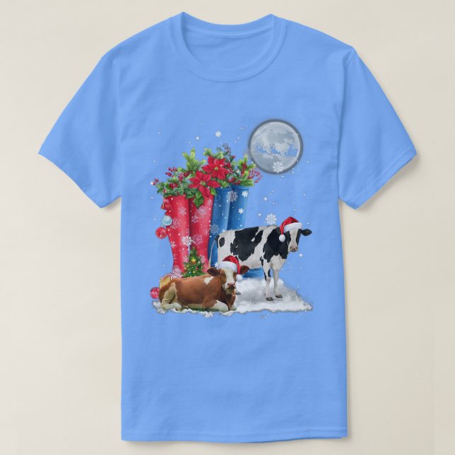 T-shirt Deux Vaches Casquette Père Noël lumières Noël Drôl (Design devant)