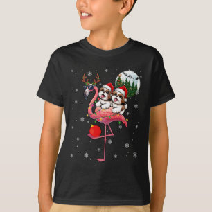 T-shirt Deux Xmas Shih Tzus équitation Flamant rose Reinde
