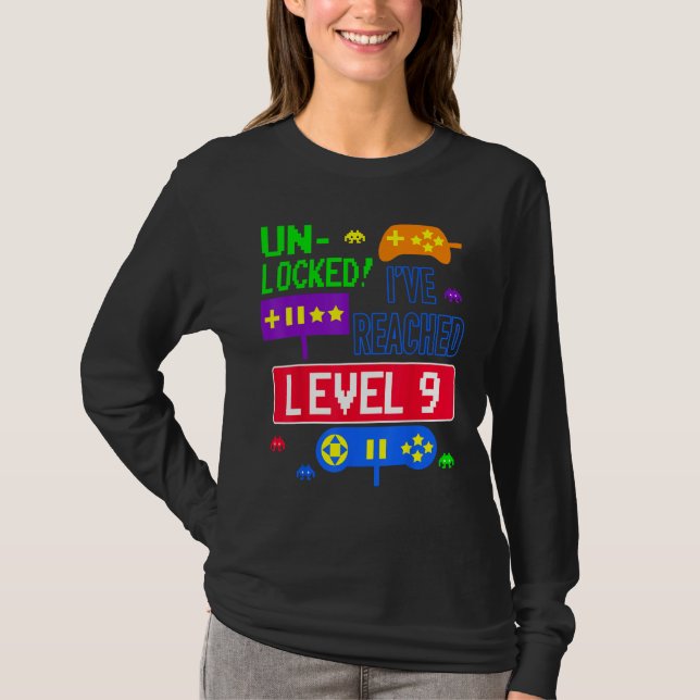 T-shirt Déverrouillé J'ai atteint le niveau 9 Arcade 9e an (Devant)