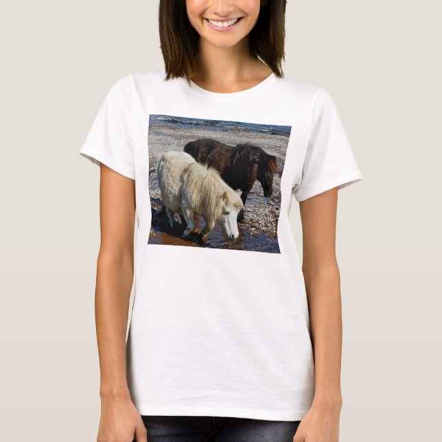 T-shirt Devon du sud deux poneys de Shetland sur la plage (Devant)