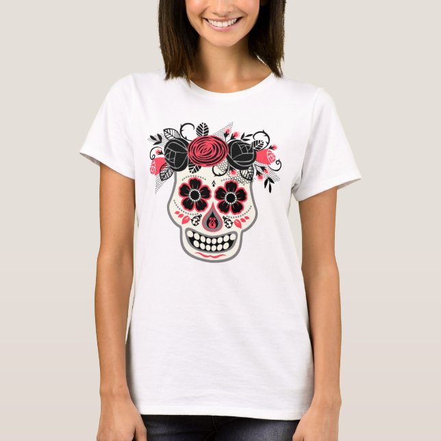 T-shirt Dia de los Muertos Crâne à sucre avec Roses noirs (Devant)