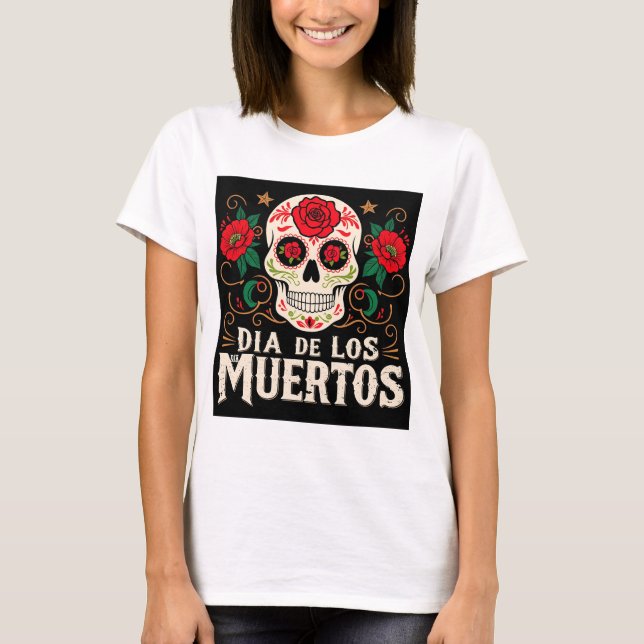 T-shirt Dia de los muertos crâne et fleurs (Devant)