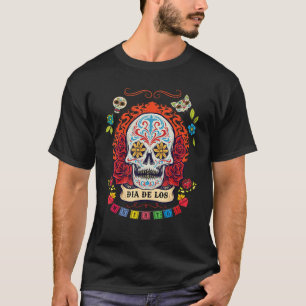 T-shirt Dia De Los Muertos   Halloween Rose Chat Crâne De 
