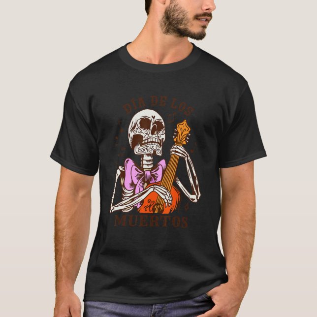 T-shirt Dia De Los Muertos Skeleton Colourful Bow Music Gu (Devant)