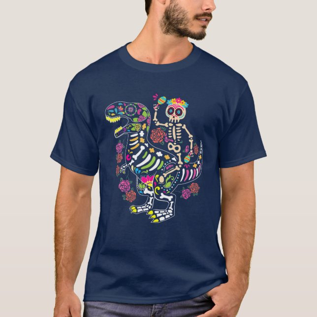 T-shirt Dia De Los Muertos Skeleton Riding Dinosaur Boys M (Devant)