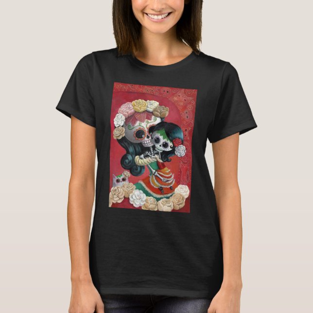 T-shirt Dia de Los Muertos Skeletons Mère et fille (Devant)