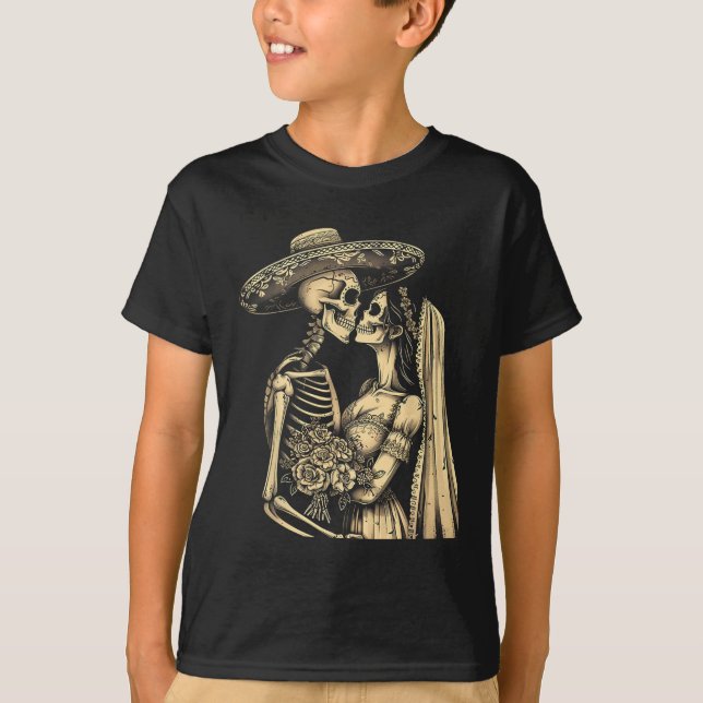 T-shirt Dia De Muertos Sugar Skull Couple Skeleton Bride W (Devant)