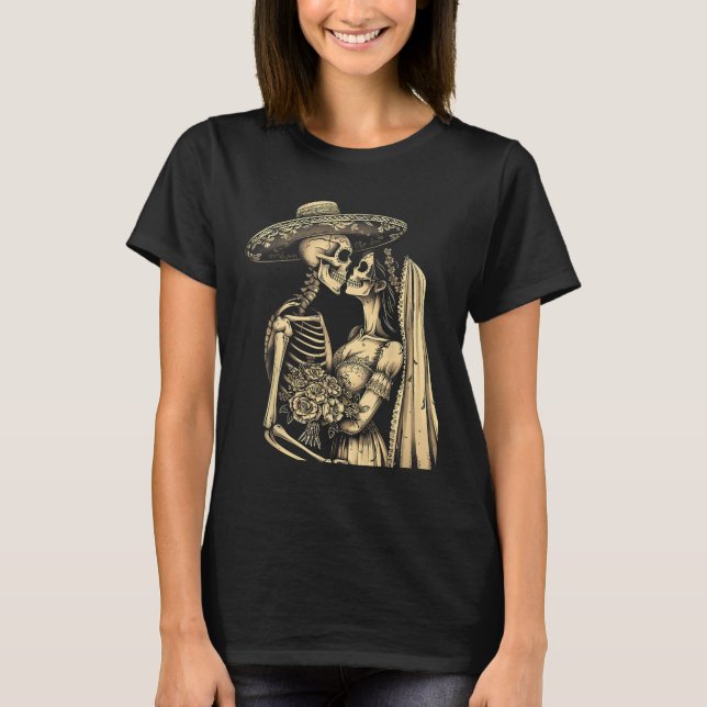 T-shirt Dia De Muertos Sugar Skull Couple Skeleton Bride W (Devant)