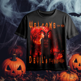 T-shirt Diable Satan sur un cimetière la nuit avec une lun