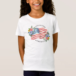 T-Shirt Dieu bénisse l'Amérique Aquarelle Drapeau & Fleurs