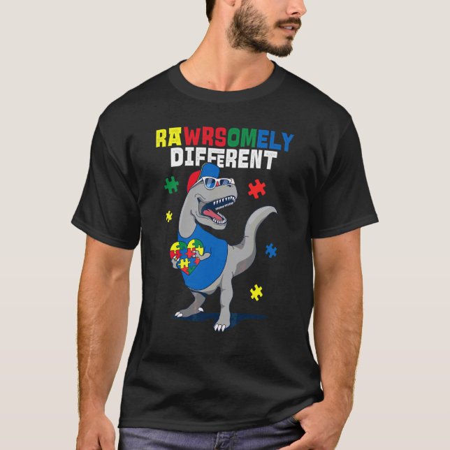 T-shirt Différemment Génial Puzzle Dinosaure Autisme Trex  (Devant)