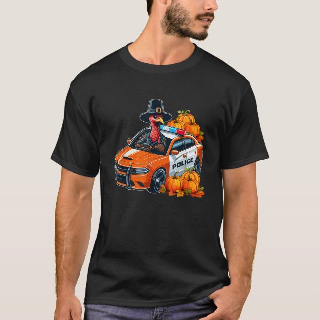 T-shirt Dinde Conduisant Voiture de Police Thanksgiving Ch (Devant)