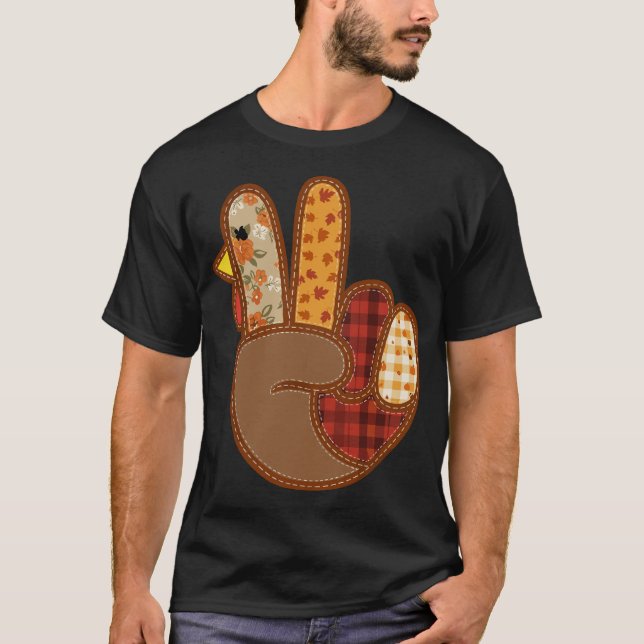 T-shirt Dinde de Signe de Paix à Main Patchwork Thanksgivi (Devant)