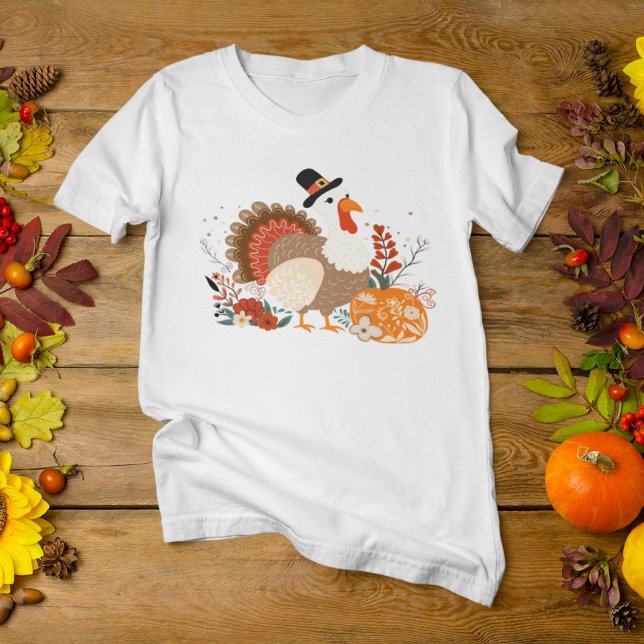 T-shirt Dinde de Thanksgiving avec citrouilles et feuilles (Créateur téléchargé)