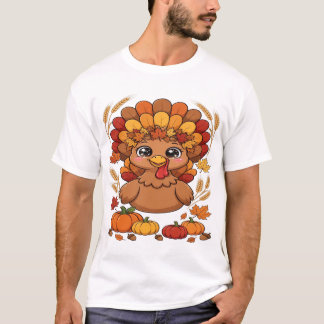 T-shirt Dinde de Thanksgiving mignonne avec feuilles d'aut