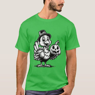 T-shirt Dinde mignonne posant avec une citrouille Illustra