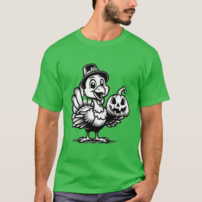 T-shirt Dinde mignonne posant avec une citrouille Illustra (Devant)