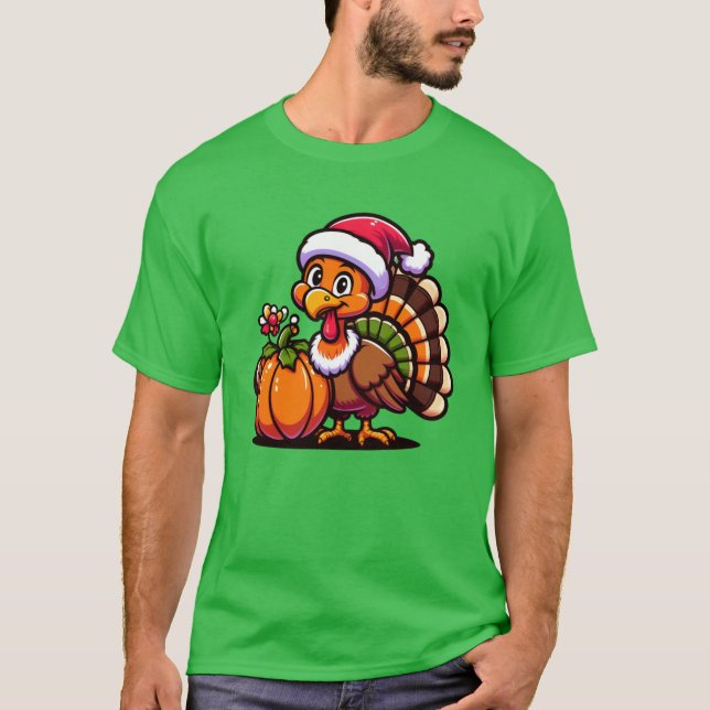 T-shirt Dinde mignonne posant avec une citrouille Récolte  (Devant)