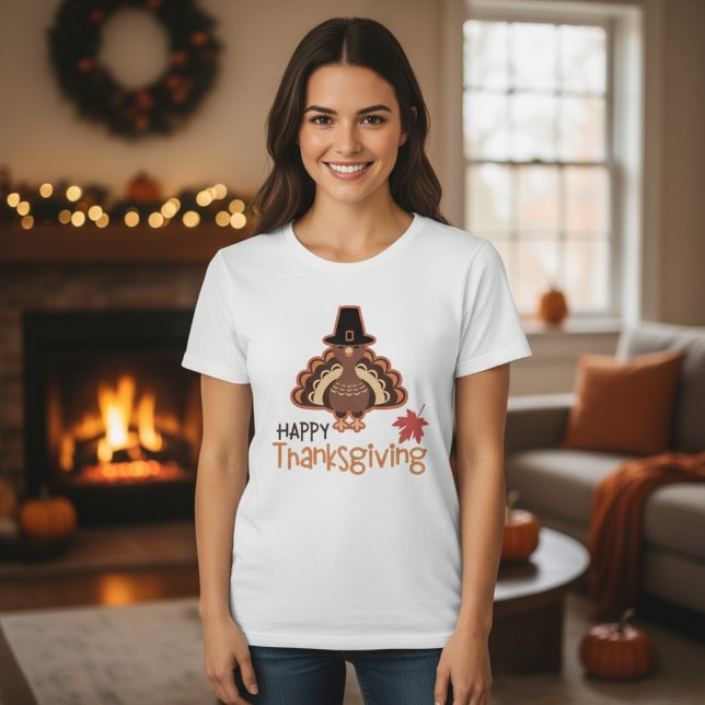 T-shirt Dinde Pèlerin Mignon Joyeux Thanksgiving (Cute Pilgrim Turkey Happy Thanksgiving T-Shirt)