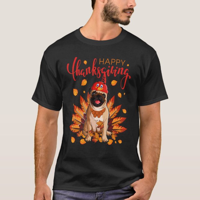T-shirt Dinde Pug Feuille d'érable Automne Fall Vibes Than (Devant)